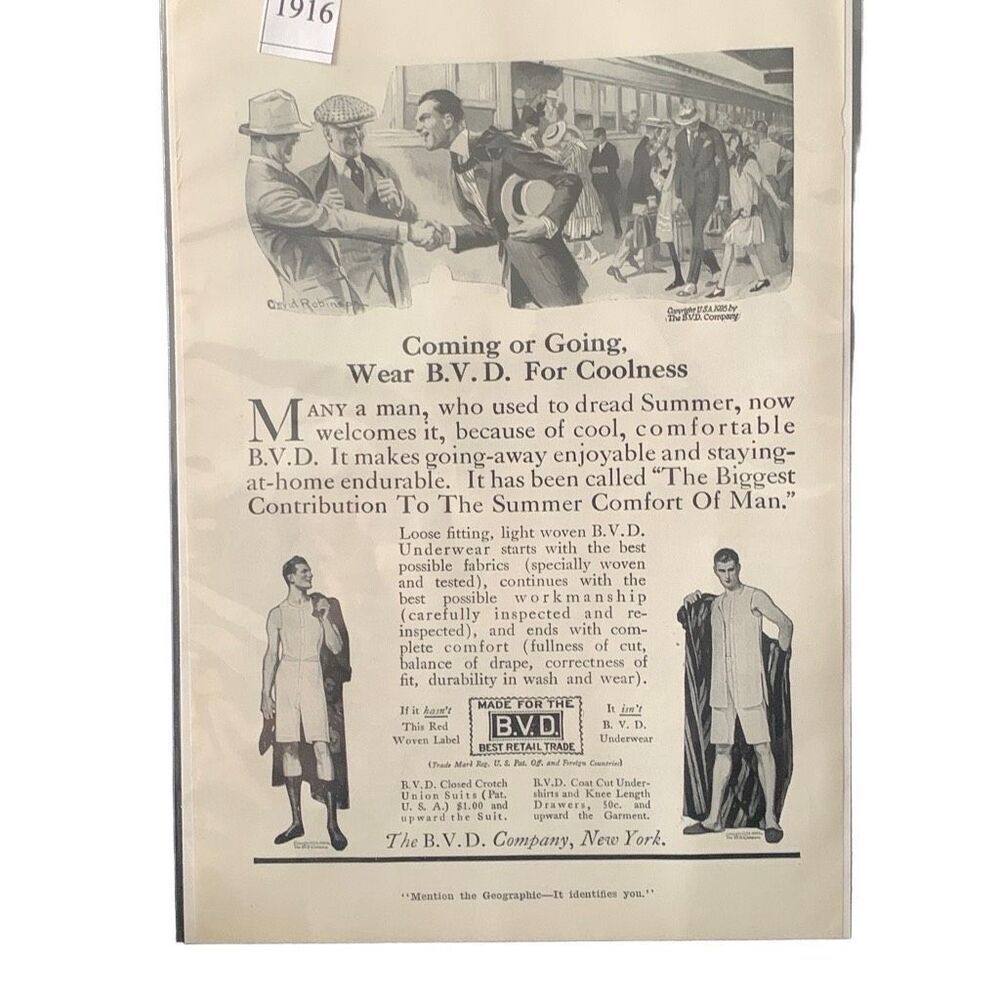 Vintage 1916 BVD Coming or Going For Coolness Ad Advertisement
